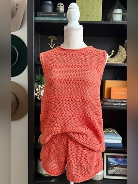 Free People Coral Crochet Short Set